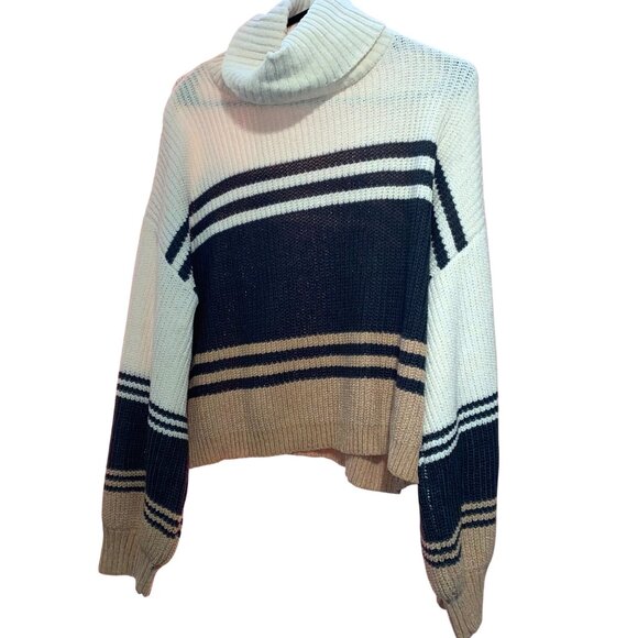 Soft Striped Cowl Neck Sweater Takara Puff Sleeve Large Acrylic & Polyester - Picture 1 of 13